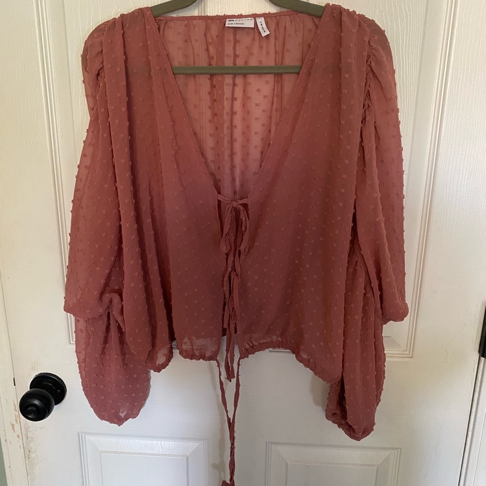 ASOS Pink Relaxed Tie Front Blouse with 3/4 Sleeves